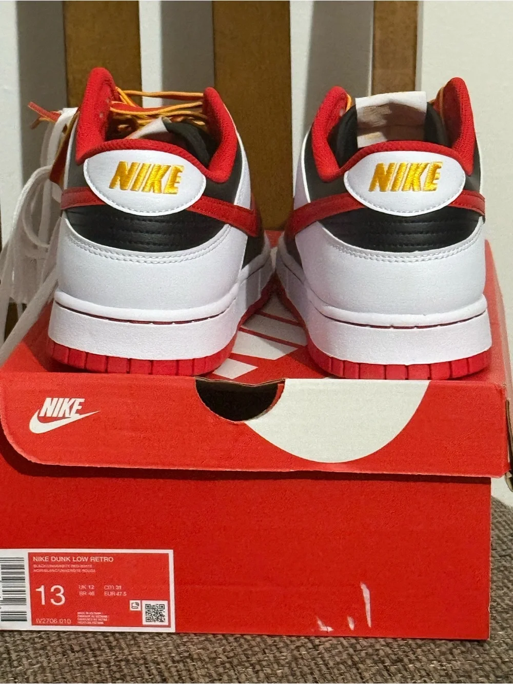 Nike Dunk Low Retro Sneakers - White/Red/Black with Yellow Logo